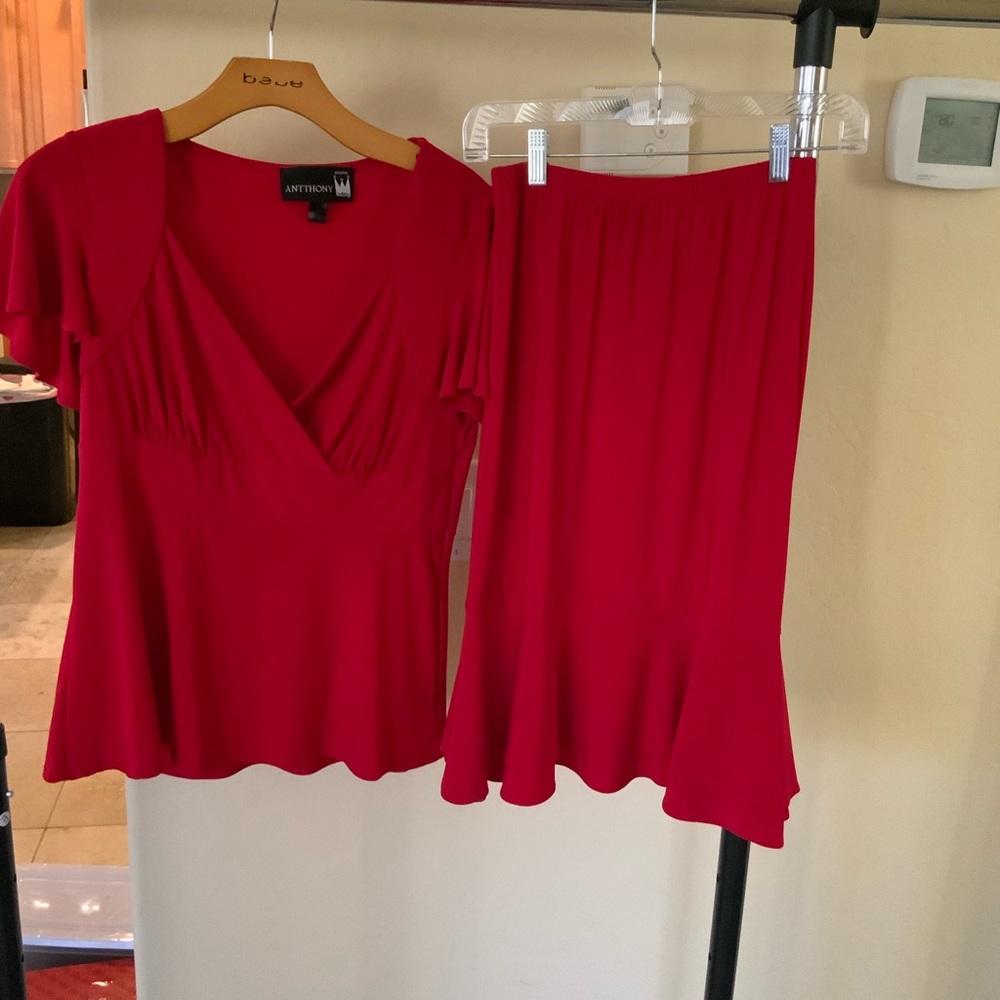 Matching red business apparel.